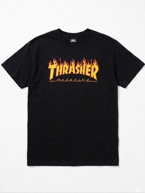 Thrasher Black Tee with Yellow-Orange Flame Logo